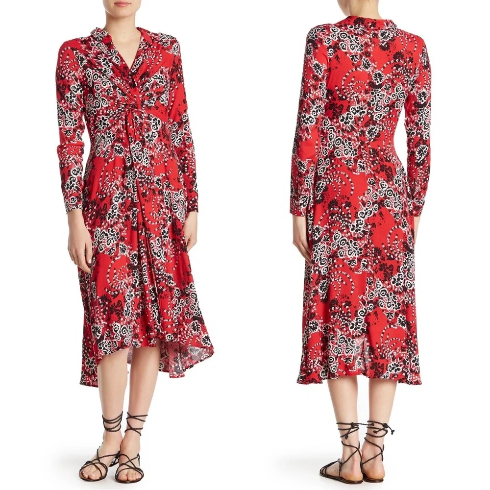 Free People “Tough Love” Twist-Front Red Shirt Dress